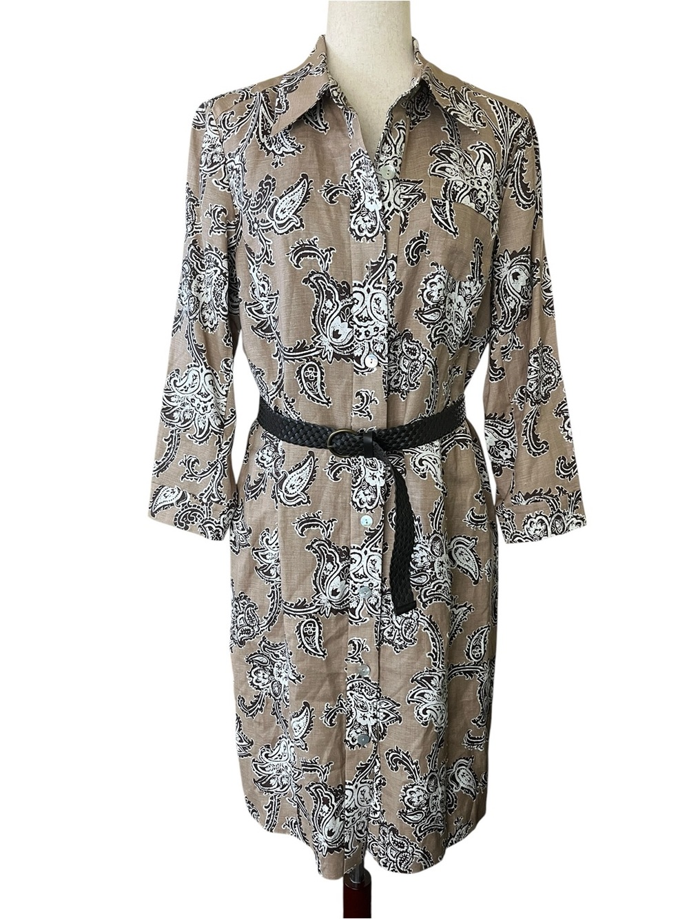 Kasper Paisley Linen Button-Down Belted Shirt Dress